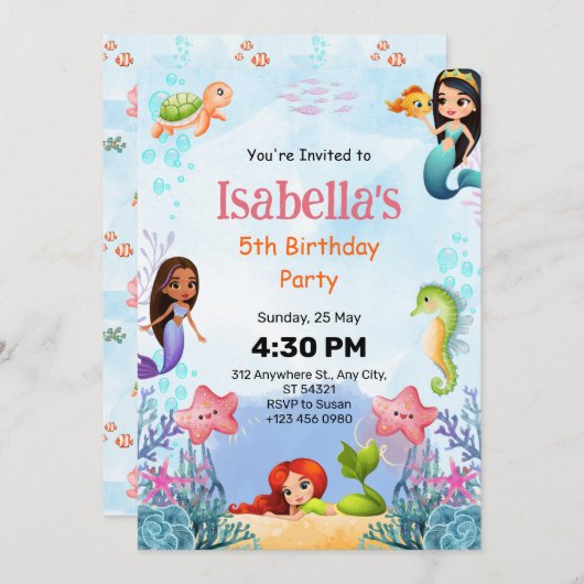 海の下の人魚の誕生日パーティーの招待 招待状 (正面/裏面)