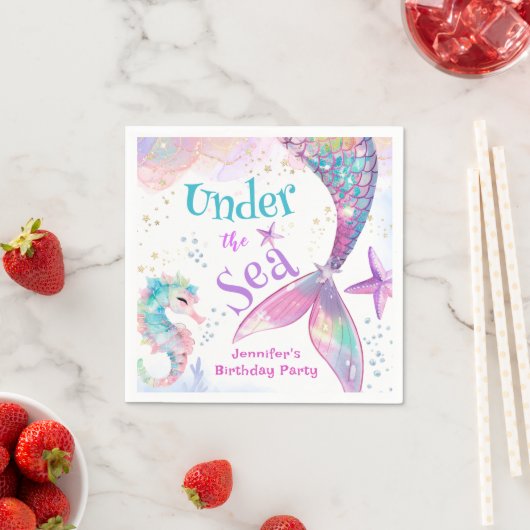 海の下の人魚の誕生日ピンク紫 スタンダードカクテルナプキン (インサイチュ)