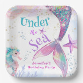 海の下の人魚の誕生日ピンク紫 ペーパープレート (正面)