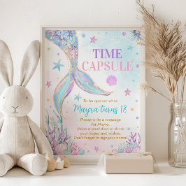 海の下の人魚の誕生日時間カプセルの標識 ポスター