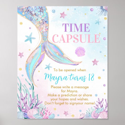 海の下の人魚の誕生日時間カプセルの標識 ポスター (正面)