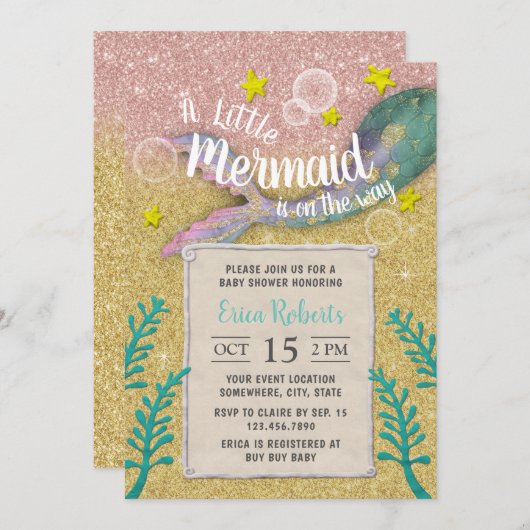 海の下の人魚の赤ちゃんシャワー金ゴールドグリッター 招待状 (正面/裏面)
