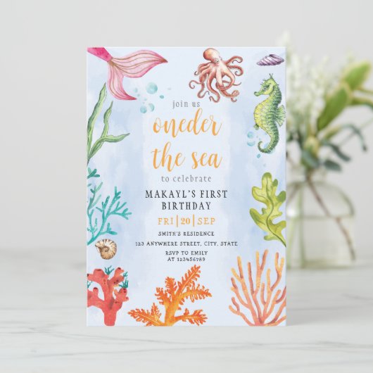 海の下の人魚をテーマにしたパーティー 初めての誕生日 招待状 (スタンド正面)