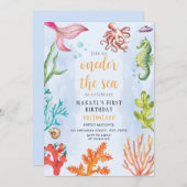 海の下の人魚をテーマにしたパーティー 初めての誕生日 招待状 (正面/裏面)