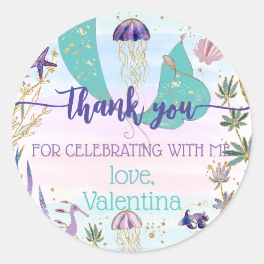 海の下の人魚グリッターありがとう ラウンドシール (正面)