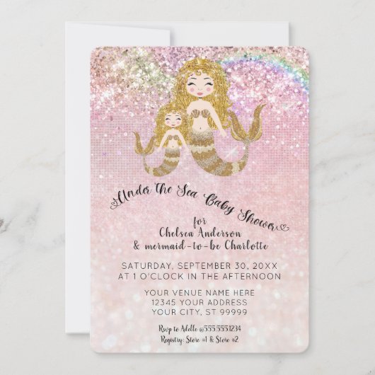 海の下の人魚グリッターベビーガールシャワー 招待状 (正面)