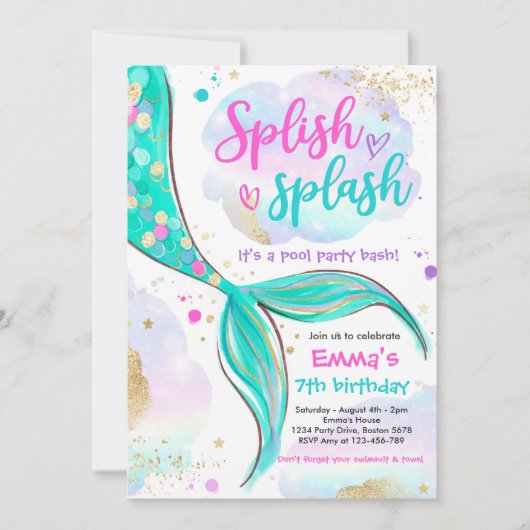 海の下の人魚プールパーティーピンク人魚 招待状 (正面)