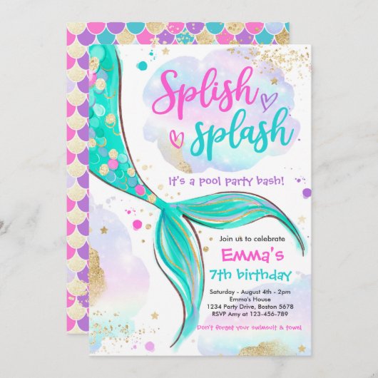 海の下の人魚プールパーティーピンク人魚 招待状 (正面/裏面)