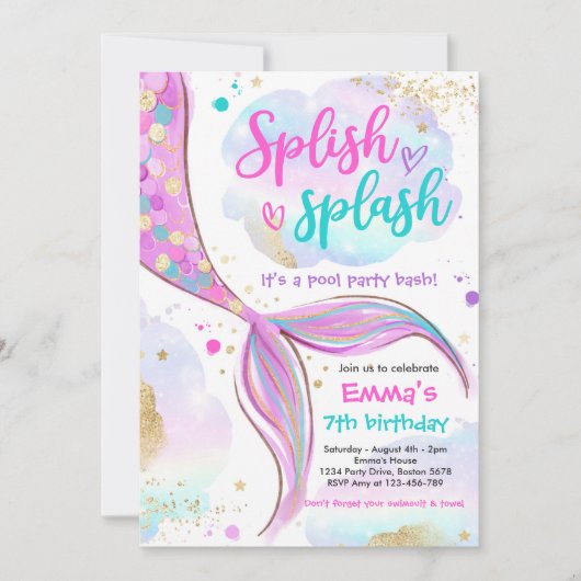 海の下の人魚プールパーティーピンク人魚 招待状 (正面)