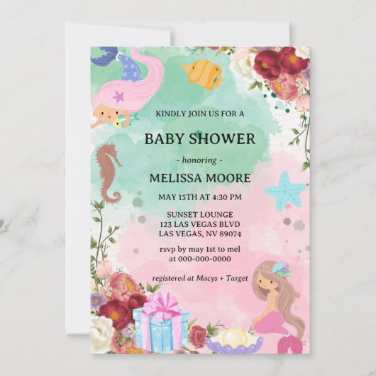 海の下の人魚ベビーシャワー招待状 招待状 (正面)