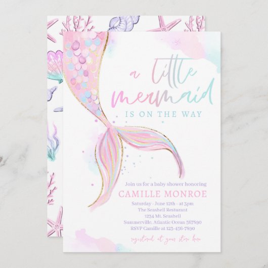 海の下の人魚海女の子の赤ちゃんシャワー 招待状 (正面/裏面)