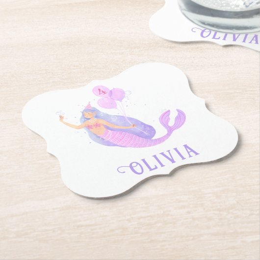 海の下の人魚誕生日ガールエイジピンク ペーパーコースター (アングル)