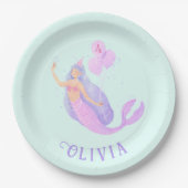 海の下の人魚誕生日ガールエイジブルー ペーパープレート (正面)