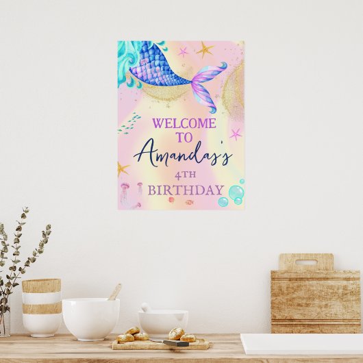 海の下の人魚金ゴールドグリッター誕生日パーティー ポスター (キッチン)