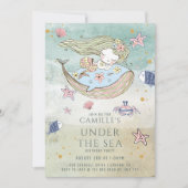 海の下の人魚金ゴールドグリッター誕生日パーティー 招待状 (正面)