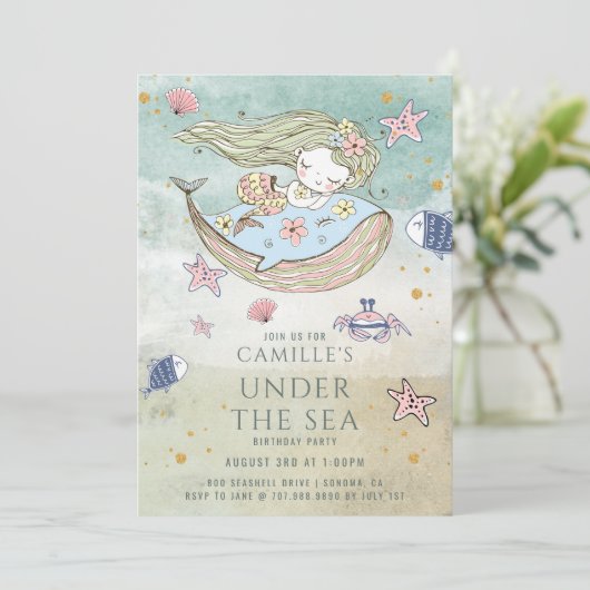 海の下の人魚金ゴールドグリッター誕生日パーティー 招待状 (スタンド正面)