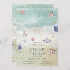 海の下の人魚金ゴールドグリッター誕生日パーティー 招待状