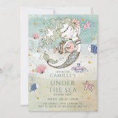 海の下の人魚金ゴールドグリッター誕生日パーティー 招待状 (正面)