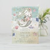 海の下の人魚金ゴールドグリッター誕生日パーティー 招待状 (スタンド正面)