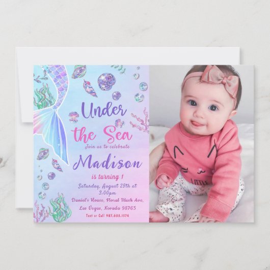 海の下の人魚1歳の誕生日パーティー写真 招待状 (正面)