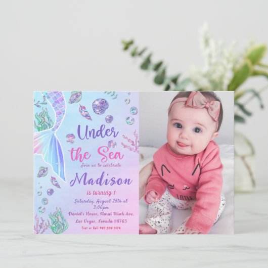 海の下の人魚1歳の誕生日パーティー写真 招待状 (スタンド正面)