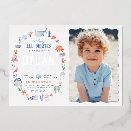 海の下の光沢のある海賊の写真誕生日 箔招待状 (正面)