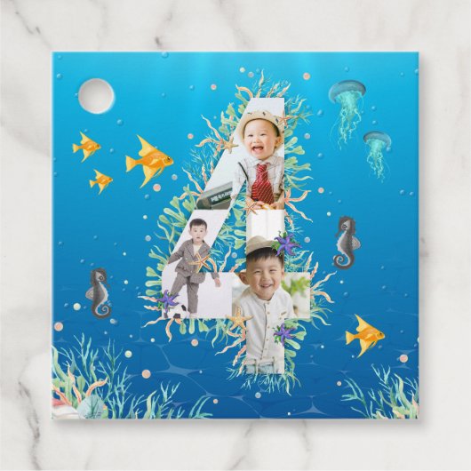 海の下の写真コラージュの大きな4歳の誕生日 フェイバータグ (正面)