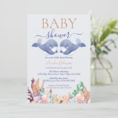 海の下の双子クジラの水色の赤ちゃんシャワー 招待状 (スタンド正面)