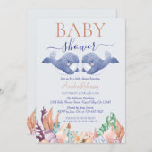 海の下の双子クジラの水色の赤ちゃんシャワー 招待状 (正面/裏面)
