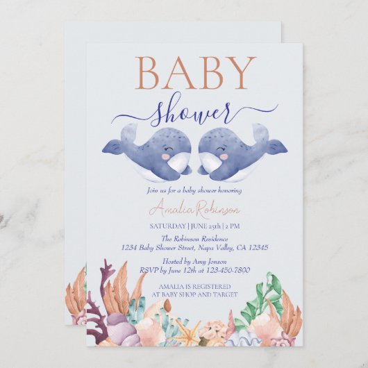 海の下の双子クジラの水色の赤ちゃんシャワー 招待状 (正面/裏面)