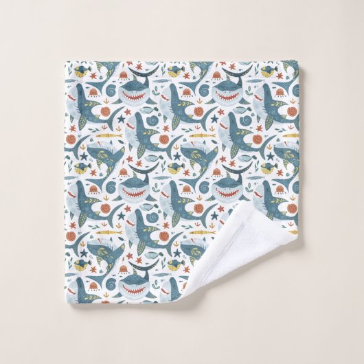 海の下の可愛いサメの漫画のドードルパターン バスタオルセット (ウォッシュタオル)