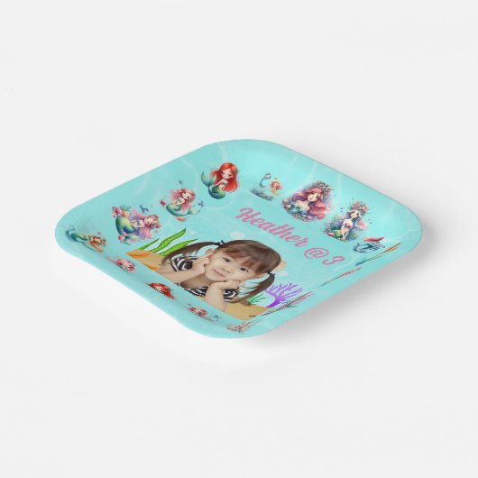 海の下の可愛い人魚の写真子供の誕生日 ペーパープレート (傾斜あり)