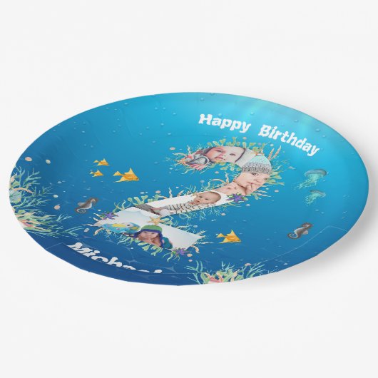 海の下の大きな第2の誕生日フォトコラージュ ペーパープレート (アングル)