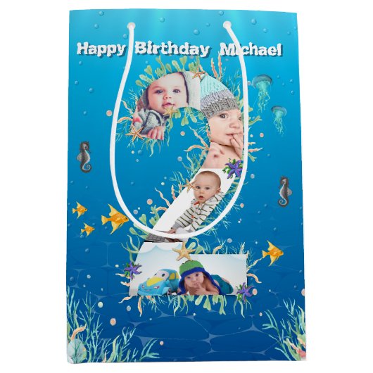 海の下の大きな第2の誕生日フォトコラージュ ミディアムペーパーバッグ (正面)