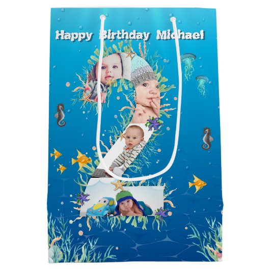 海の下の大きな第2の誕生日フォトコラージュ ミディアムペーパーバッグ (裏面)