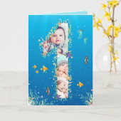 海の下の大きな1歳の誕生日フォトコラージュ カード (黄色い花)