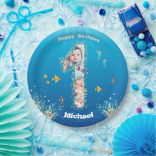 海の下の大きな1歳の誕生日フォトコラージュ ペーパープレート (パーティー)