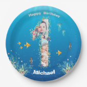 海の下の大きな1歳の誕生日フォトコラージュ ペーパープレート (正面)