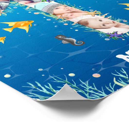 海の下の大きな1歳の誕生日フォトコラージュ ポスター (角)