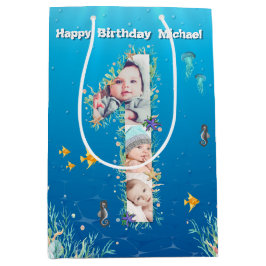 海の下の大きな1歳の誕生日フォトコラージュ ミディアムペーパーバッグ