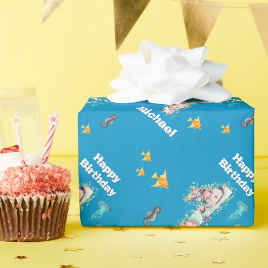 海の下の大きな1歳の誕生日フォトコラージュ ラッピングペーパー (誕生日パーティー)