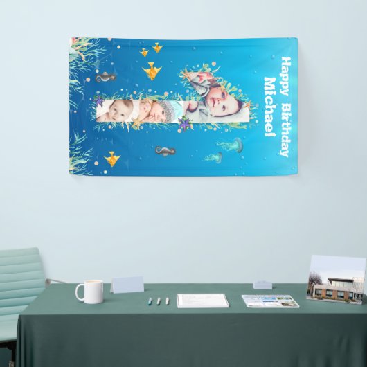 海の下の大きな1歳の誕生日フォトコラージュ 横断幕 (トレードショー)