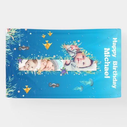 海の下の大きな1歳の誕生日フォトコラージュ 横断幕 (横)