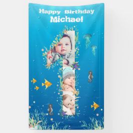 海の下の大きな1歳の誕生日フォトコラージュ 横断幕