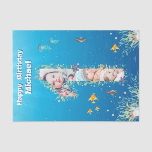 海の下の大きな1歳の誕生日フォトコラージュ 薄葉紙 (正面)