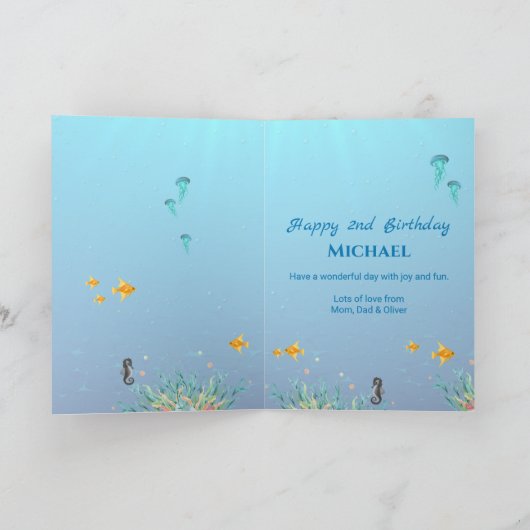 海の下の大きな2番目の誕生日フォトコラージュ カード (内部)
