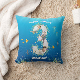 海の下の大きな3歳の誕生日フォトコラージュ クッション