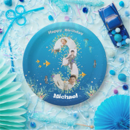 海の下の大きな3歳の誕生日フォトコラージュ ペーパープレート