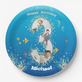 海の下の大きな3歳の誕生日フォトコラージュ ペーパープレート