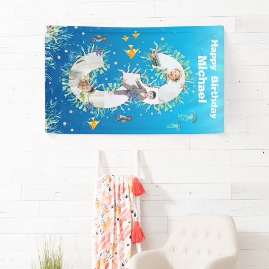 海の下の大きな3歳の誕生日フォトコラージュ 横断幕 (インサイチュ)